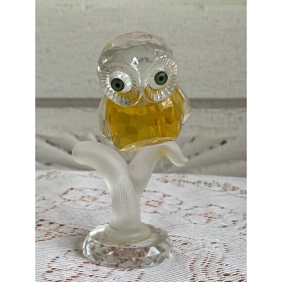 Vintage 1970s Crystal Owl Figurine On a Branch Retro Hippy Decor - Picture 1 of 14